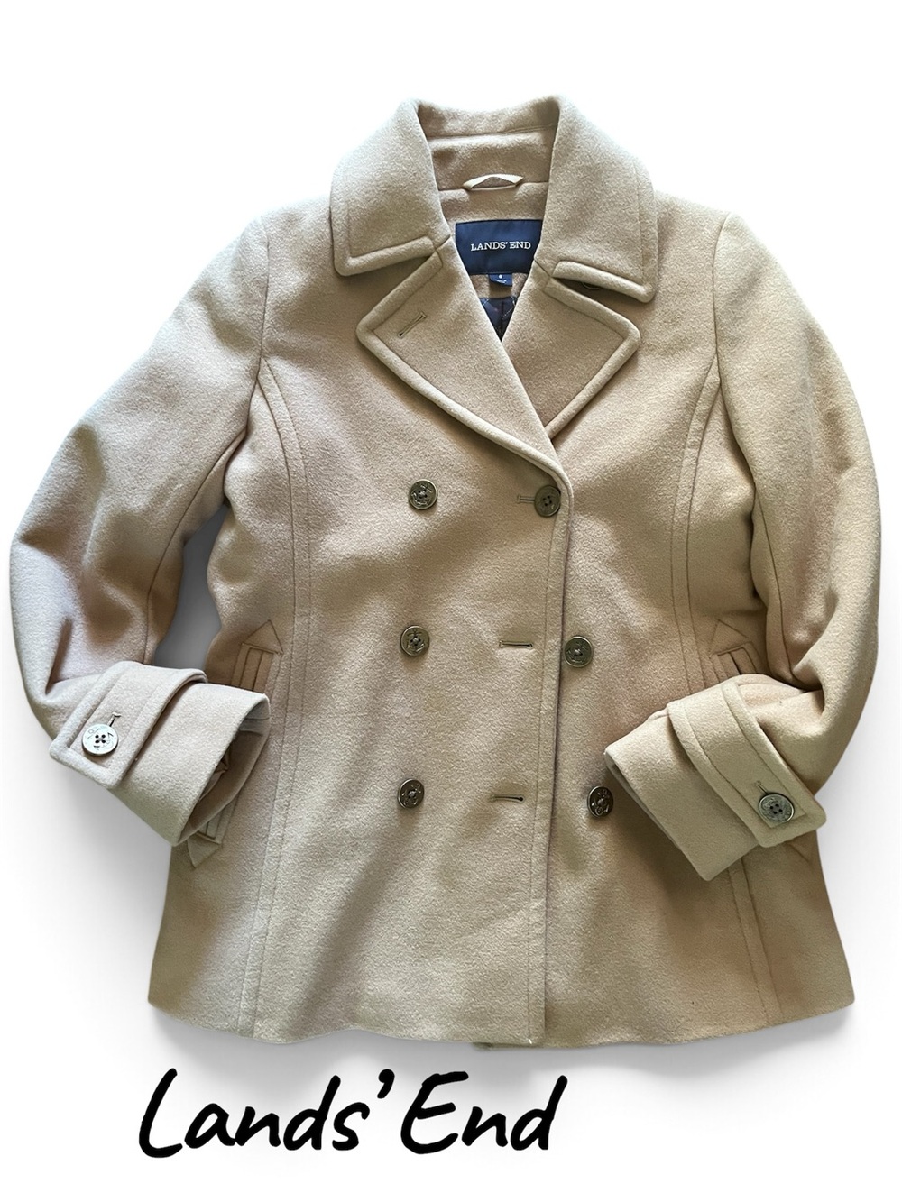 EUC Lands' End Women's size 6 Double-Breasted Tan Peacoat
